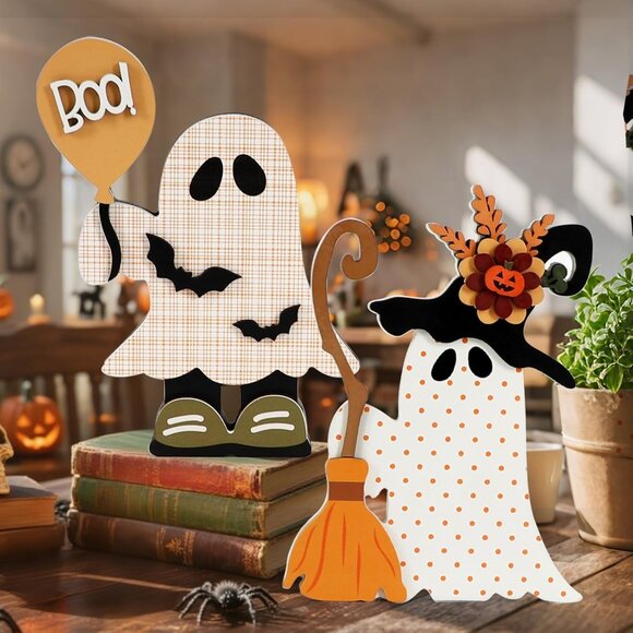 Halloween Decorations Indoor, 2 Pack Cute Wooden Halloween , Witchy Ghost with B - Picture 8 of 9